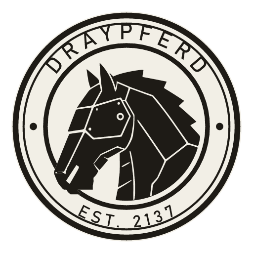 DRAYPFERD builder's plate: an armored dray-horse head in a riveted ring, established 2137