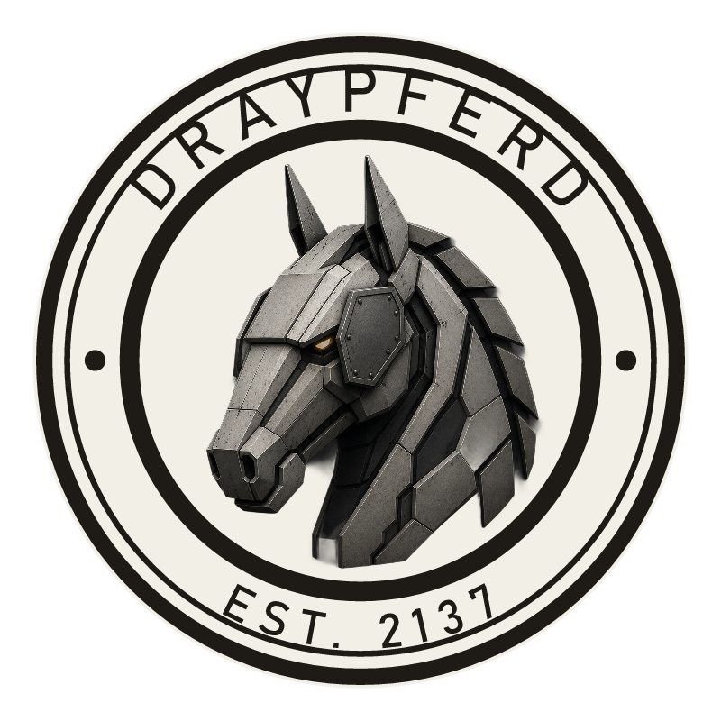 Rendered builder's plate: an armored dray-horse head with a riveted eye guard, ringed by the name DRAYPFERD and EST. 2137